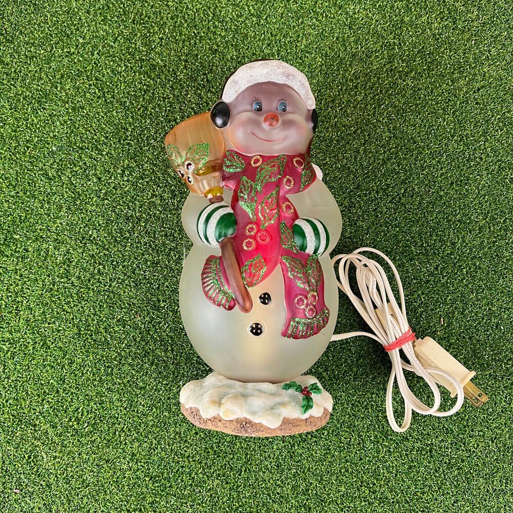 Vintage Frosted Glass Lighted Snowman Christmas Decoration 11"